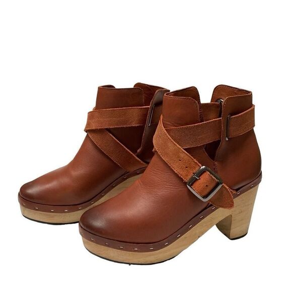 Free People Bungalow Clog Boots womens 6 ankle platform chestnut wrap buckle NEW - Picture 1 of 15
